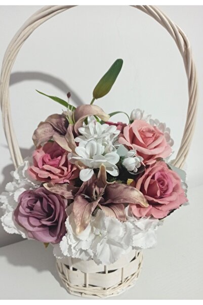 Pasiunea Florilor Large White Wicker Basket With White and Pink Flowers