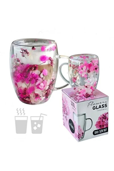 JollyMag Borosilicate Glass Mug 300 ml with Double Walls, Pink Flower Design,...