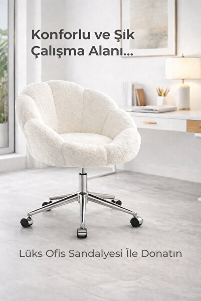KOKİ DESİGN Papatya Kırık Beyaz Peluş Kumaş Krom Ayaklı Çalışma Sandalyesi ve...