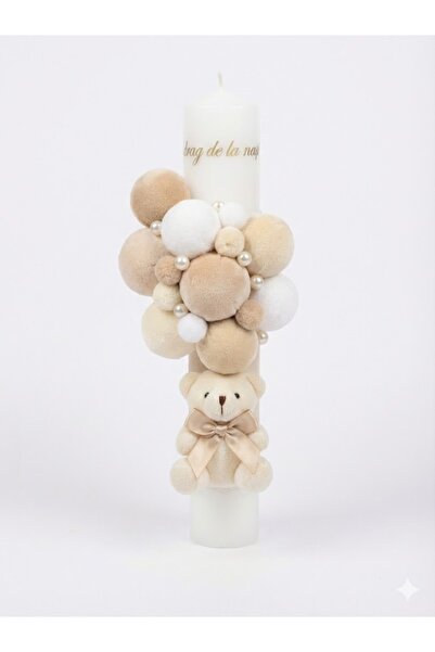 MASSIBEBE Lumânare de Botez Elegantă cu Ursuleț, Perle și Decorațiuni din Cat...