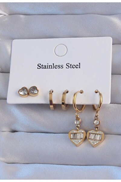 stainless steell 316L çelik gold renk zirkon taşlı kalp model 6'lı küpe set