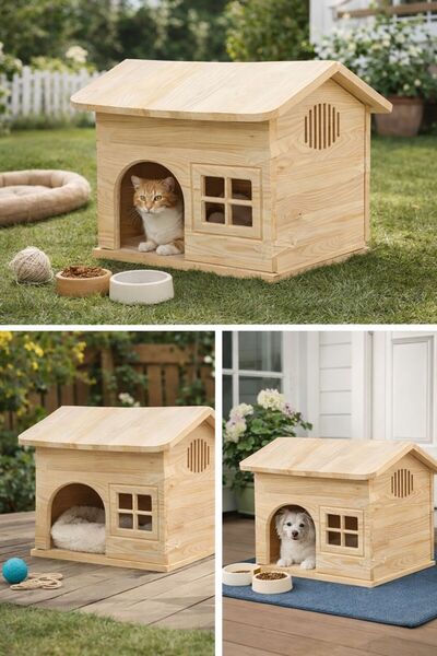 XS Küçük Boy %100 Köknar Ağacından Kedi/Köpek Kulübesi