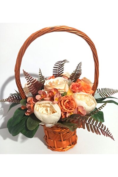 Pasiunea Florilor Coș Răchită Portocaliu Cu Bujori și Trandafiri
