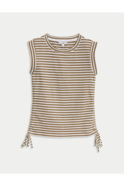 Marks & Spencer Saf Pamuk Çizgili Yanları Büzgülü Üst