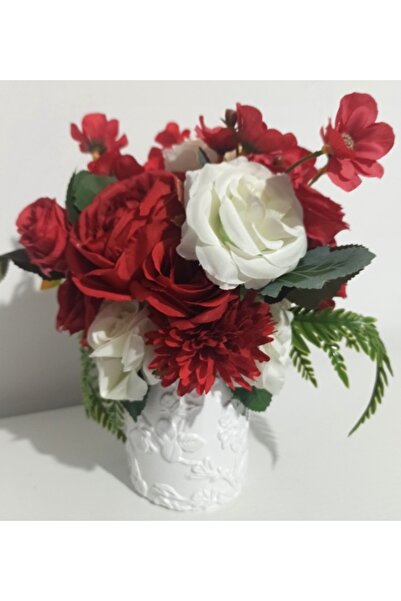 Pasiunea Florilor White Ceramic Pot With White and Red Flowers