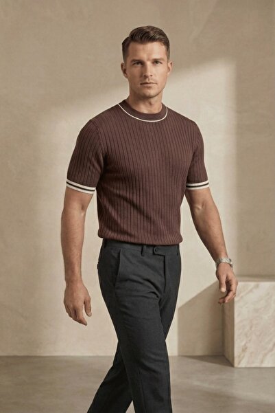 The Champ Clothing Men's Ribbed Knit T-Shirt Brown - Garnished Striped Collar...