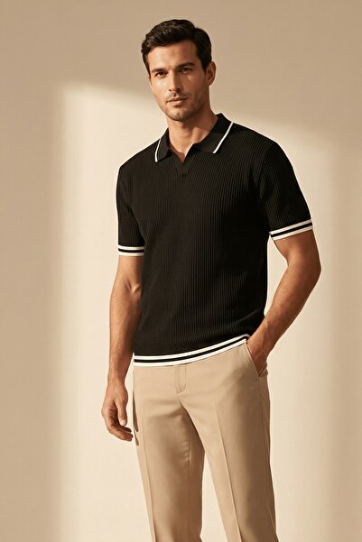 The Champ Clothing Men's Ribbed Knitwear Polo Collar T-Shirt Black - Polo Str...