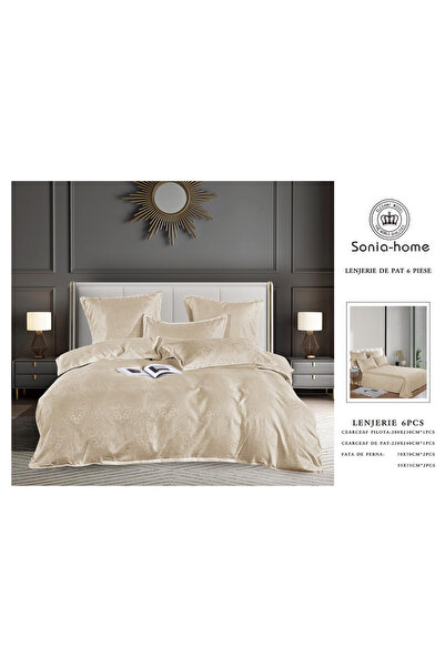FIONNA.RO Satin Jacquard Duvet Cover Set With Embroidery Inserts - Light Beig...