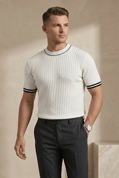 The Champ Clothing Erkek Fitilli Triko Tişört Beyaz - Garnili Çizgili Yaka, F...