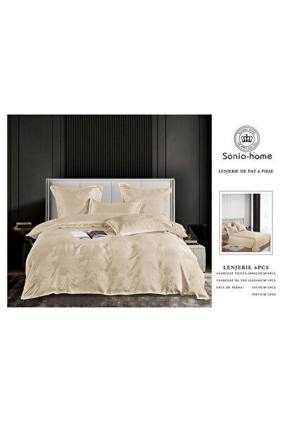 FIONNA.RO Satin Jacquard Duvet Cover Set With Embroidery Inserts - Cream With...