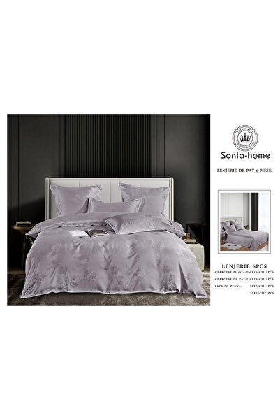 FIONNA.RO Satin Jacquard Duvet Cover Set With Embroidery Inserts - Purple Wit...