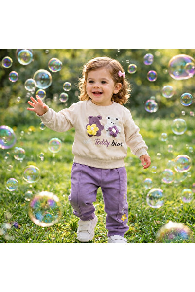 Atlas Baby House طقم من قطعتين للفتيات الصغيرات - سترة وبنطلون بتفاصيل زهور ث...