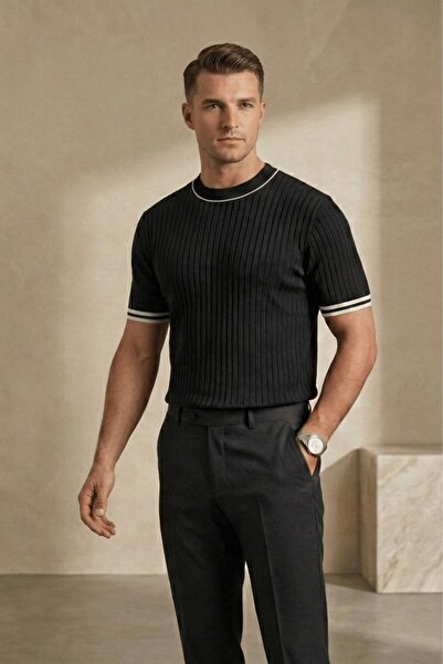 The Champ Clothing Men's Ribbed Knit T-Shirt Black - Garnished Striped Collar...