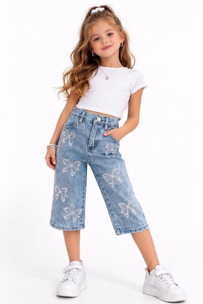 Roza Girl's Stoned Bow Patterned Denim Capri - 7886-Ka