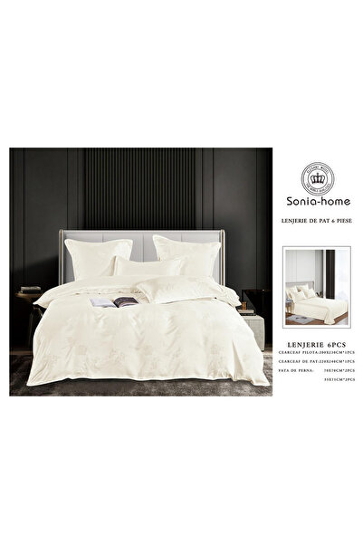 FIONNA.RO Satin Jacquard Duvet Cover Set With Embroidery Inserts - Cream With...