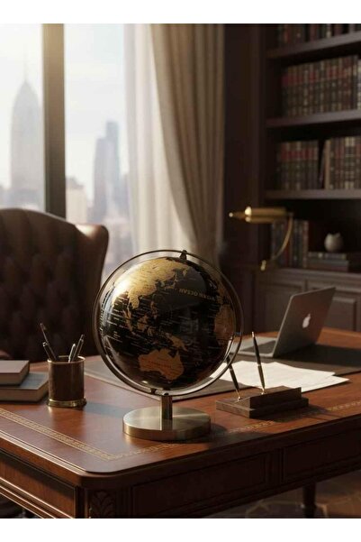 ROSSEV Dekoratif Dünya Küresi Çift Metalli Eskitme Gold Siyah 30cm