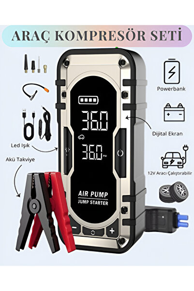 nextbuy Şarjlı Akü Takviye Ateşleyici Oto Lastik Şişirici Kompresörü Powerban...