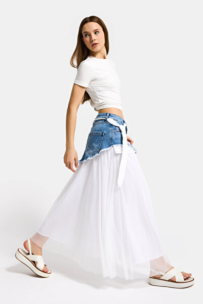 it's basic Kadın Beyaz Kot Rengi Maxi Boy Kravat Detaylı Özel Tasarım Etek