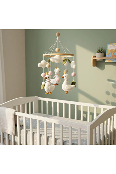 FN El Yapımı Ahşap Bebek Dönencesi | Kaz Figürlü Keçe Mobile Bulut ve Ponpon ...