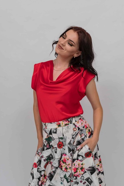 Gorgeaux Red Silk Top with Draped Neckline - M(38)