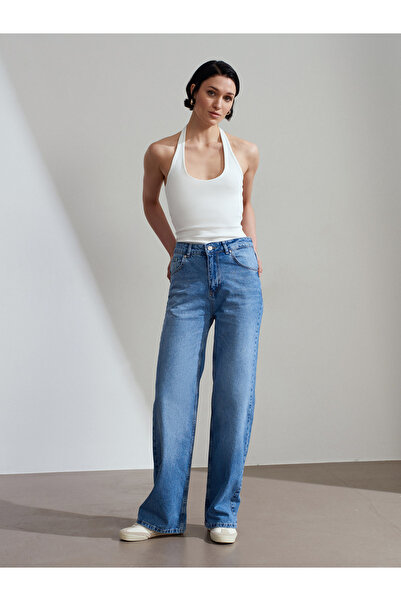 Dilvin 72290 100% Cotton Basic Wide Leg Jean-Blue