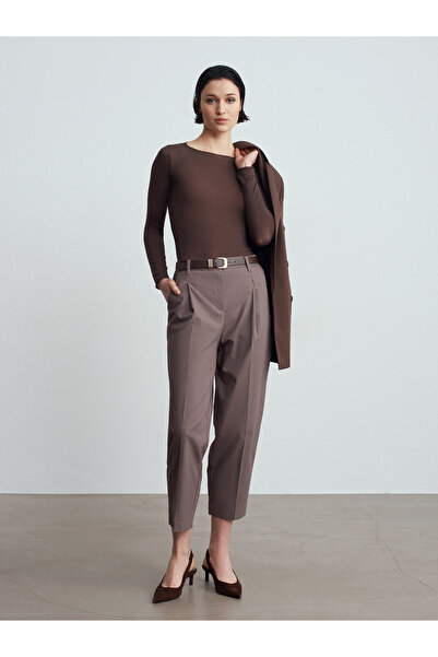 Dilvin 72268 Kemerli Havuç Pantolon-Koyu Vizon