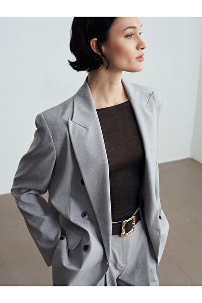 Dilvin 60783 Double-Breasted Blazer Jacket-Grey