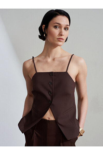 Dilvin 60605 Asymmetrical Cut Vest with Straps - Brown