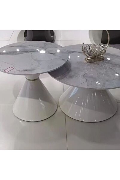 AWD Set of Two Round Coffee Tables Sintered Stone Countertop Metal Base