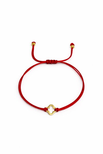 BDY Atelier 925 ayar gümüş Yonca Detaylı Kırmızı İp Makrome Bileklik Şans-Ber...