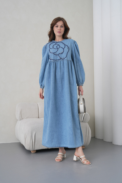 Miss Allos Women's Roba Front Sequin Embroidered Long Denim Dress