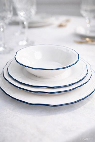 İLİVA Mavi Yaldızlı Porselen Yemek Takımı 24 Parça 6 Kişilik