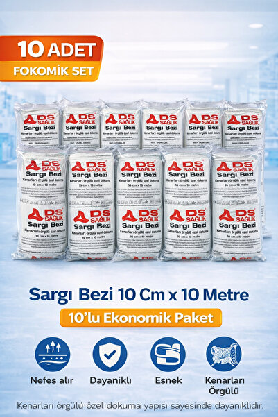 DS Sağlık Sargı Bezi 10x10 Metre 10’lu Paket Kenarları Örgülü Özel Dokuma Ela...