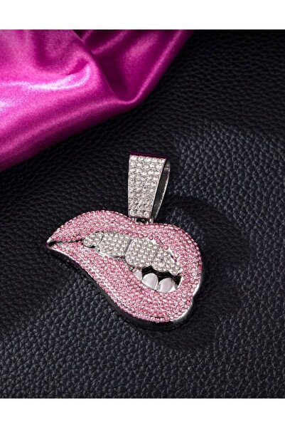 La Saade Y2k İced Out Lips Chain-Cuban Hip Hop Pembe Taşlı Dudak Kolye Ucu