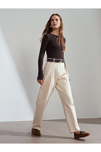 Dilvin 72255 Wide Leg Belted Trousers-Ecru