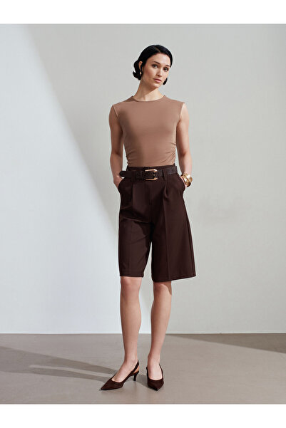 Dilvin 72271 Belted High Waist Bermuda Shorts-Brown