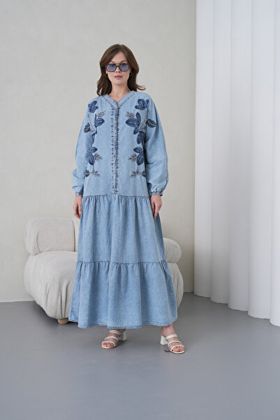 Miss Allos Women's Front Embroidered Beaded Half Button Wide Fit Long Denim D...