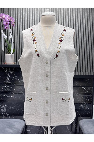 Özenli Triko Steel Mesh 5-Button Colorful Floral Embroidered Mother's Vest Ecru