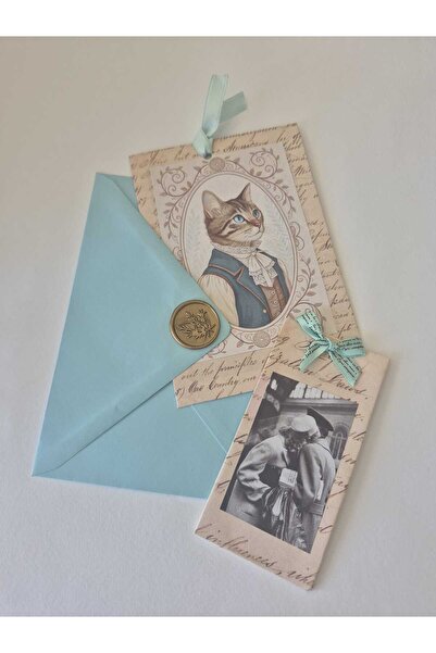 NazDeniz 3'lüSET MÜHÜRLÜ Mavi MEKTUP KEDİLİ KARTPOSTAL ve Kitap AYRACI