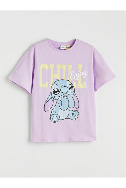 LC Waikiki Lila Stitch Štampano okrugla kragna Djevojačka majica