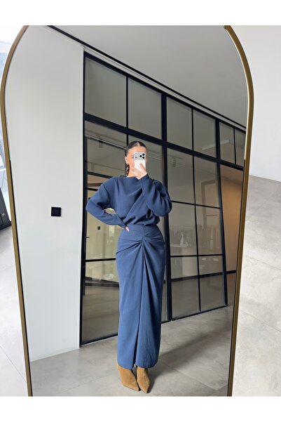 BB Bensu Buyruk Asymmetric Blouse with Ruched Skirt Set in Petrol Blue