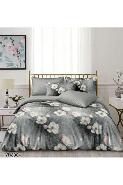 FIONNA.RO Premium Satin Bed Linen 4 Pieces with Stretchy - Grey with Flowers