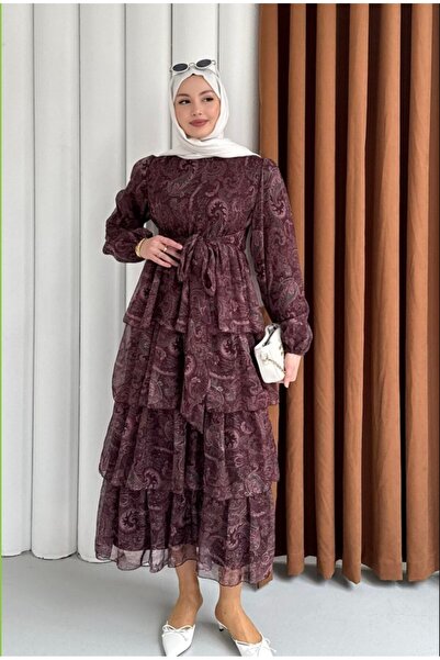 Molly Nelly Kadın Kat Etnik Desen Baskılı Astarlı Uzun Elbise