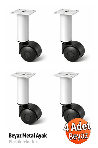 Badem10 (TEKERLEKLİ) 15.5 cm 4 ADET Beyaz Metal Plastik Mobilya Baza Orta Akı...