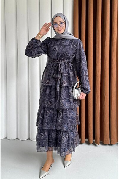 Molly Nelly Kadın Kat Etnik Desen Baskılı Astarlı Uzun Elbise