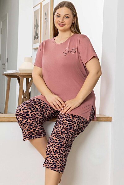 Aydoğan Women's Inci Large Size Salmon Capri Pajama Set 0069