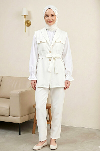 FERHEL Women's Three-Piece Set Vest Blouse Trousers Combination Set - Ecru