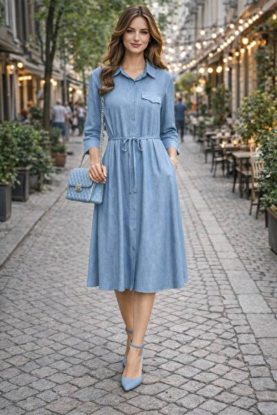 AYASOFYA OTANTIK Women's Indigo Blue Button Closure Belt Detailed 100% Tencel...