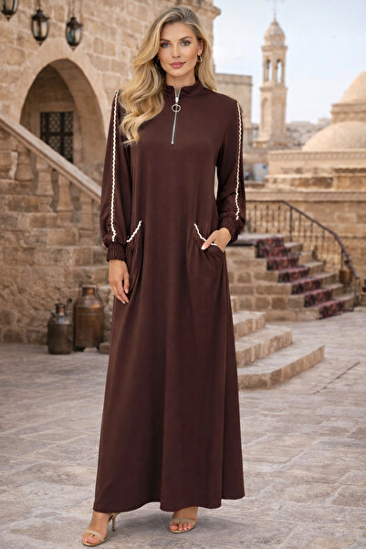 AYASOFYA OTANTIK Women's Brown Zipper Plain Pattern Closure Collar Long Sleev...