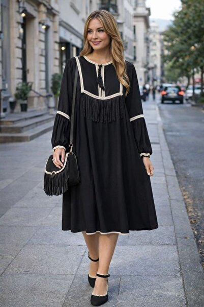 AYASOFYA OTANTIK Women's Black Lace-Up Round Neck Lace Bieli and Tassel Detai...